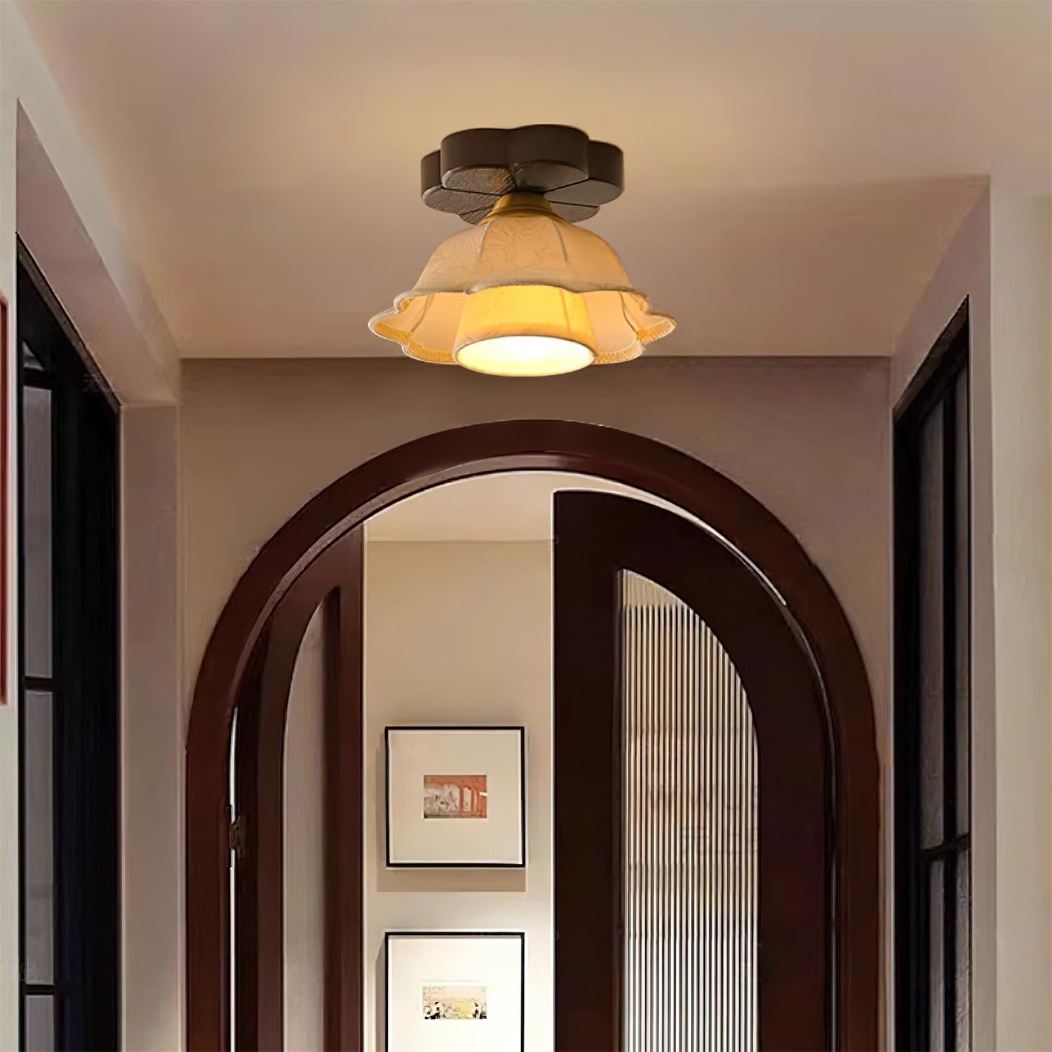 Ceiling Light Scalloped Fabric Shade Walnut Wood Canopy Vintage - Neutral Decor
