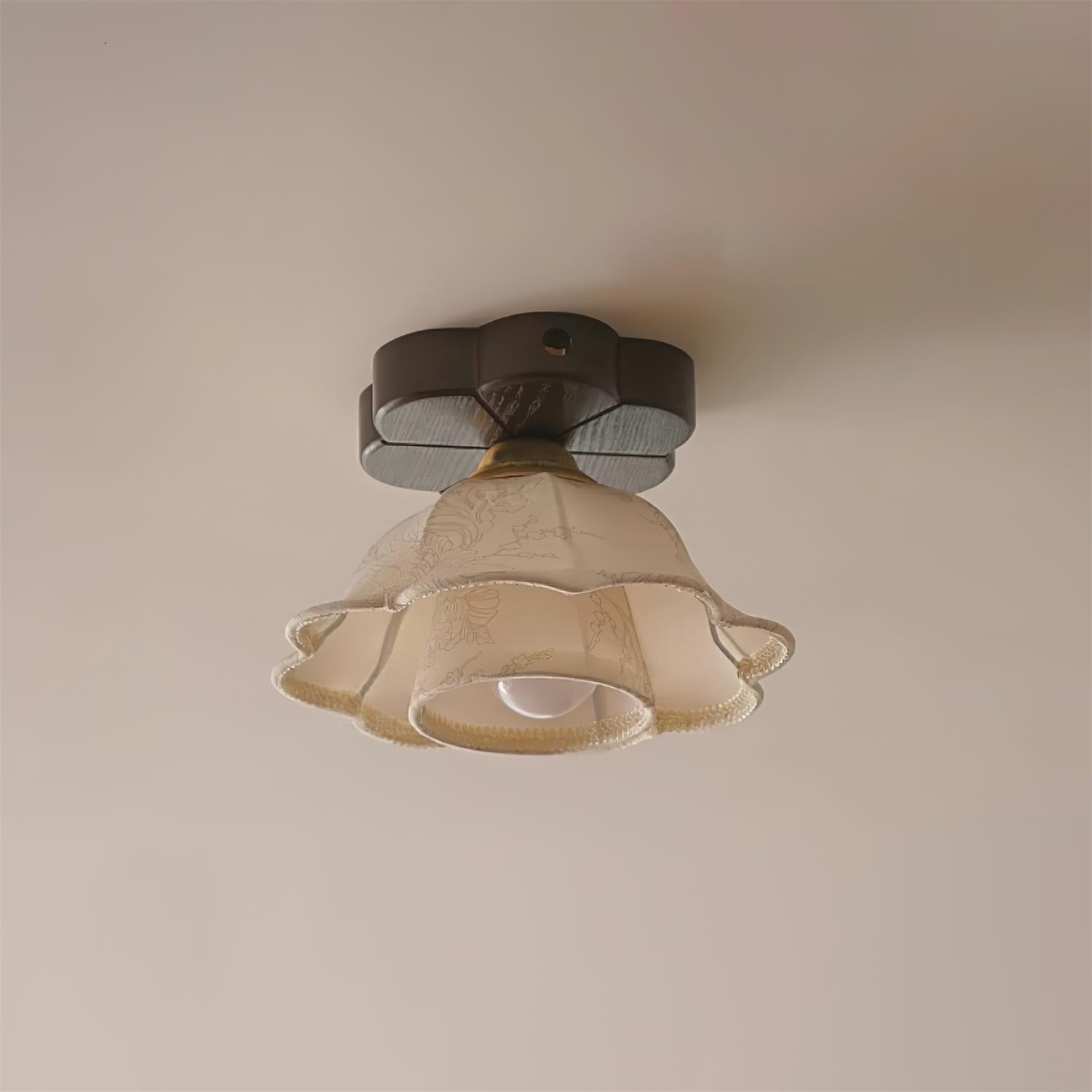 Ceiling Light Scalloped Fabric Shade Walnut Wood Canopy Vintage - Neutral Decor