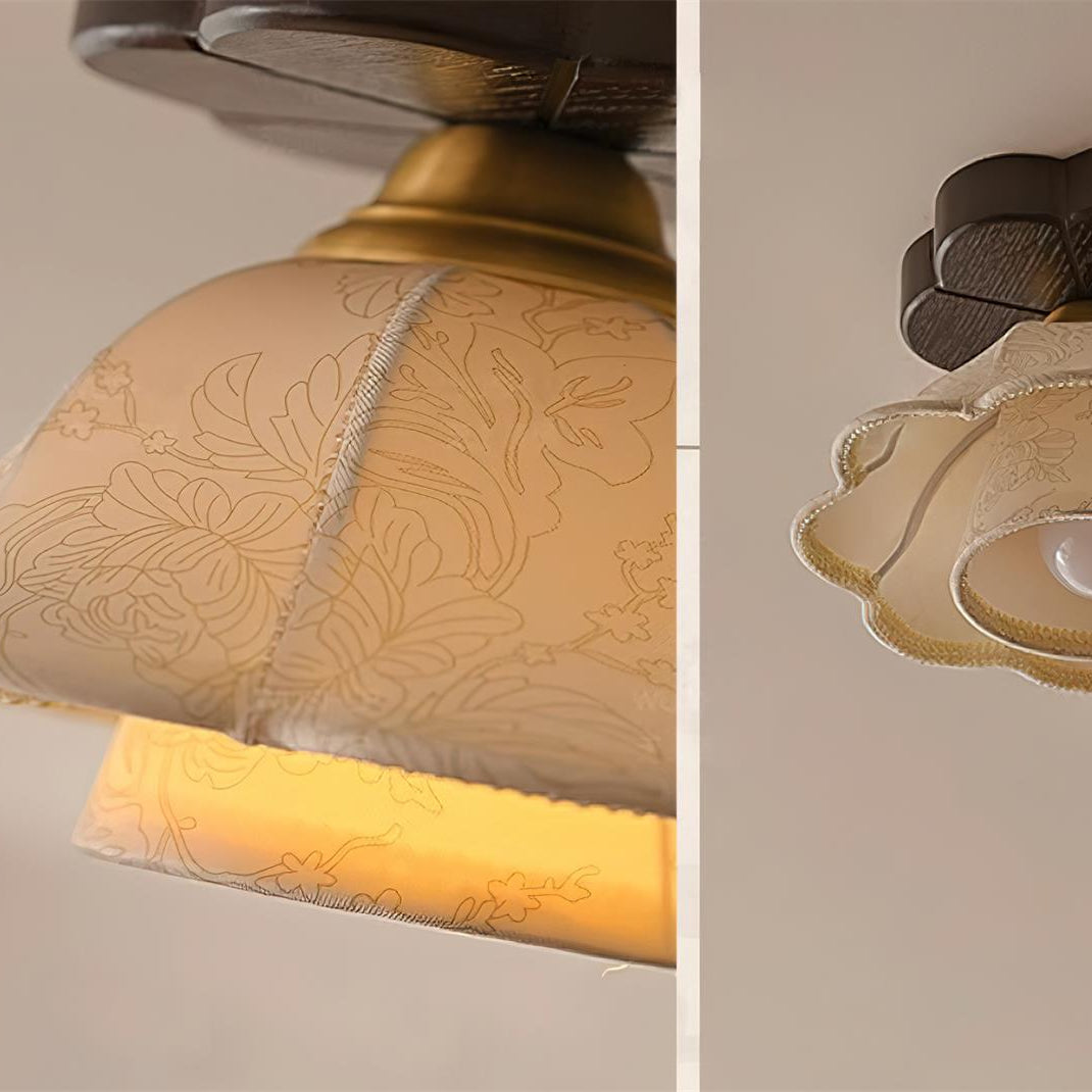 Ceiling Light Scalloped Fabric Shade Walnut Wood Canopy Vintage - Neutral Decor