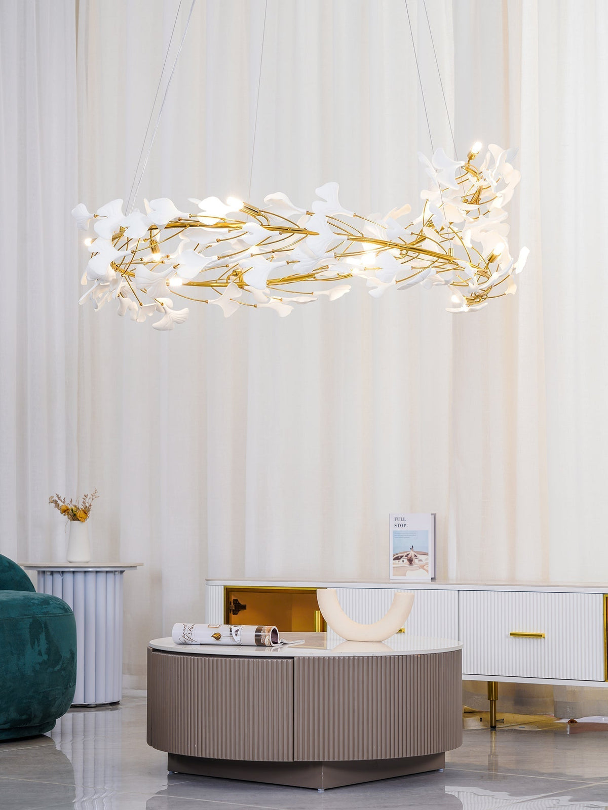Umberis Pendant Lamp Gingko Porcelain Leaves Gold