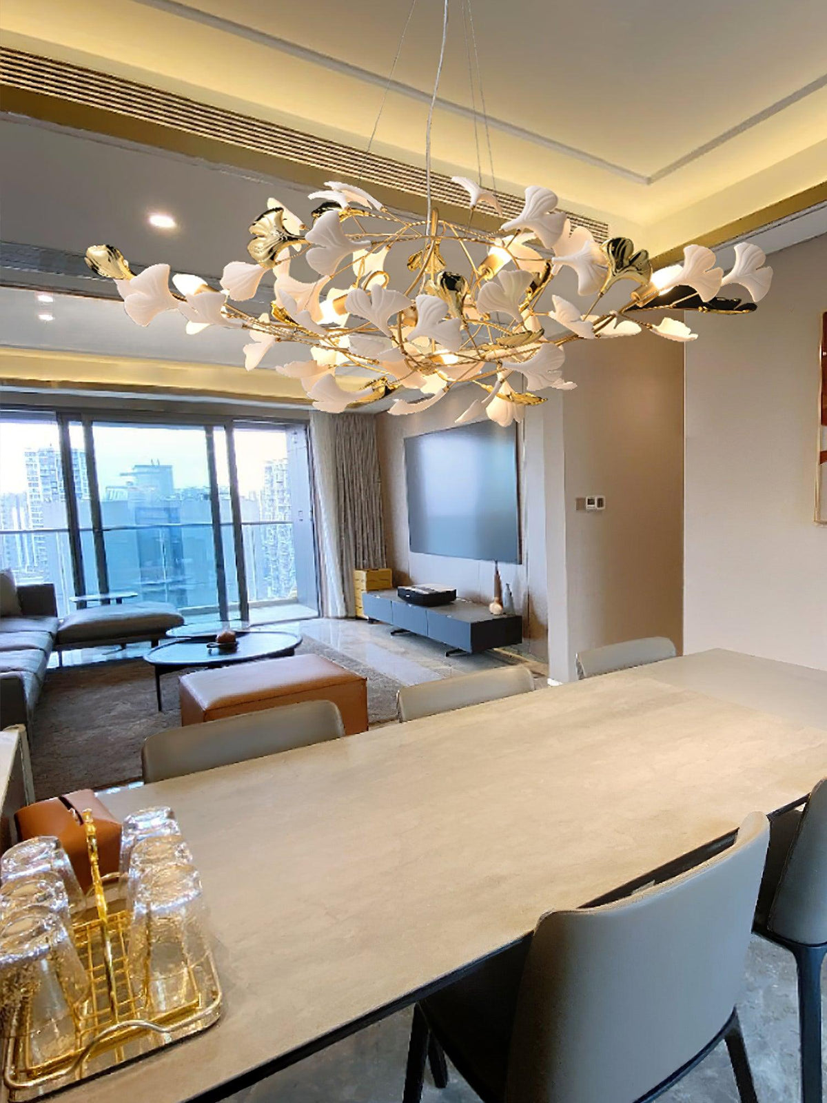 Veveno Chandelier Gingko S Ceramic Petals Brass