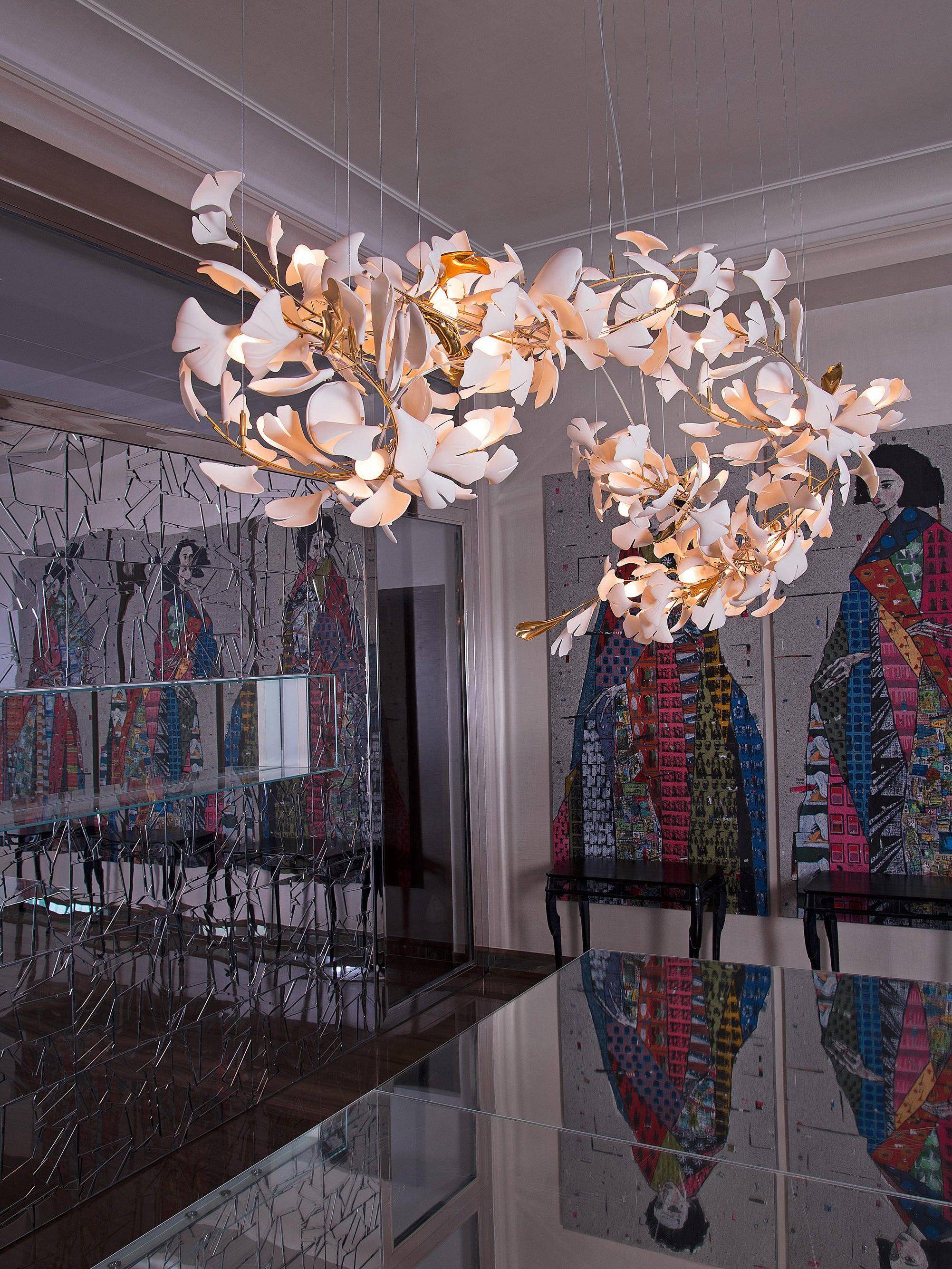 Chandelier Frame Ceramic Gingko Leaf Shade White Gold Modern - Neutral Decor