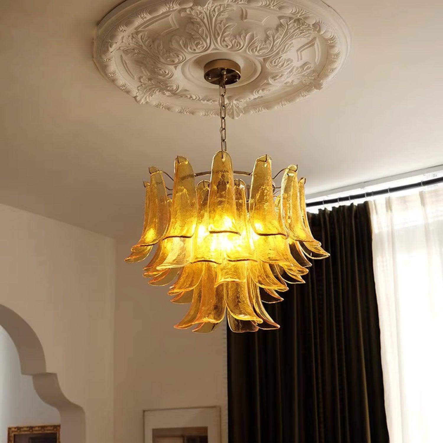 Elvess Chandelier Murano Glass Leaf Golden