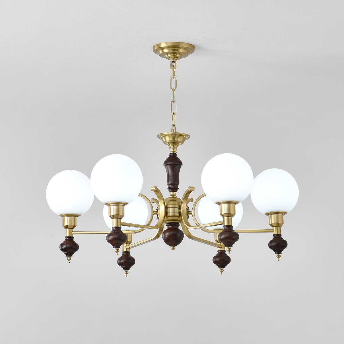 Nesvin Chandelier Wood & Brass Globe Orb