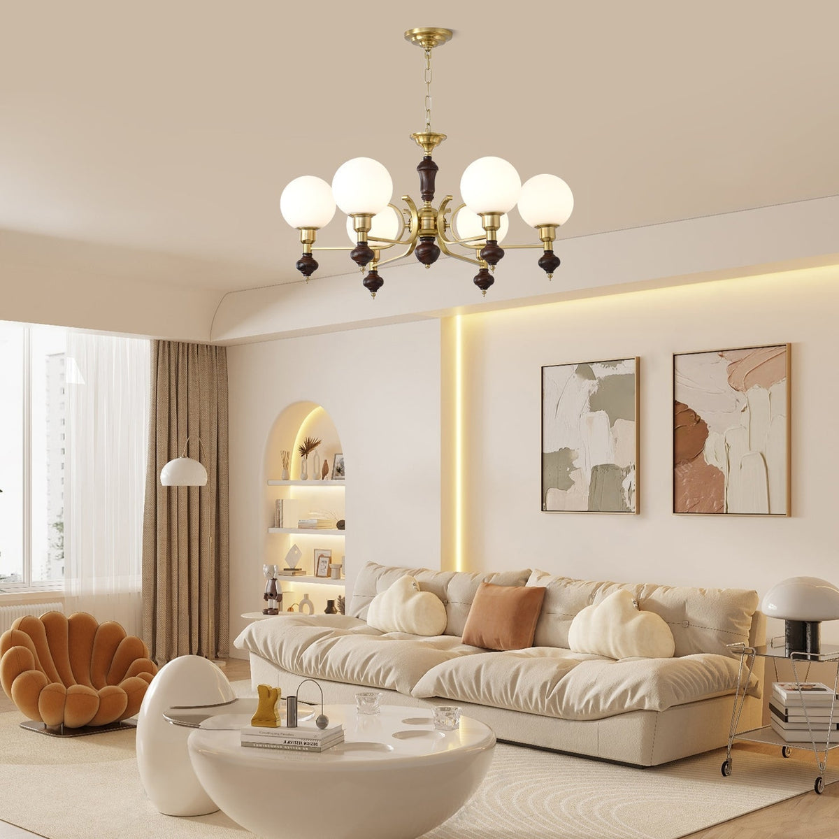 Nesvin Chandelier Wood & Brass Globe Orb