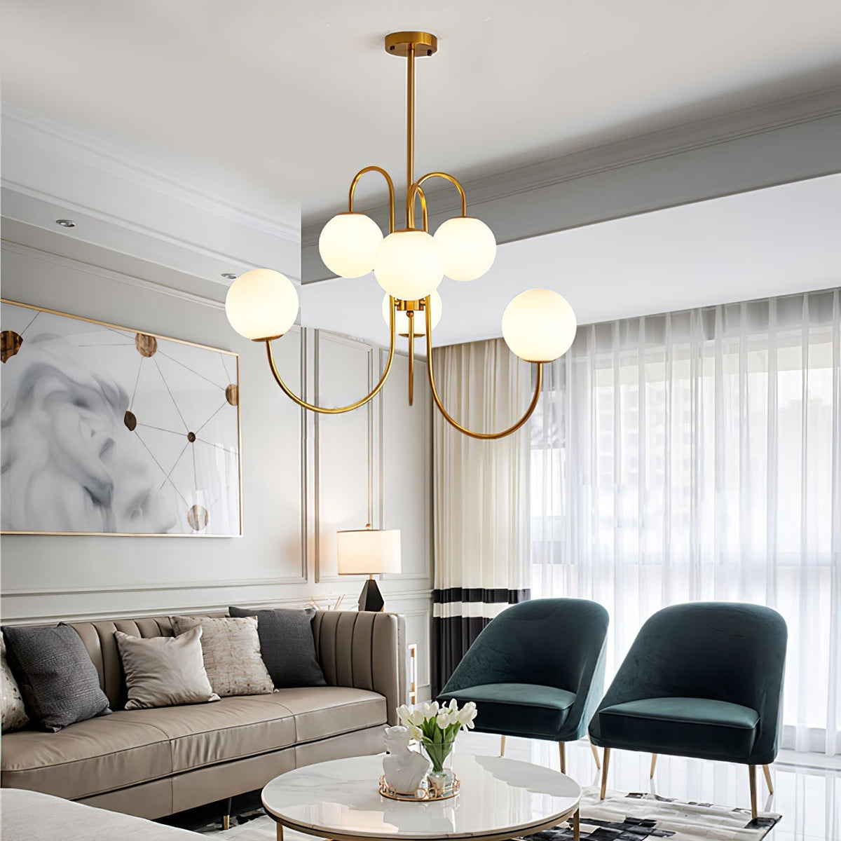 Auruaria Chandelier Brass Globe Cluster Curved Arm