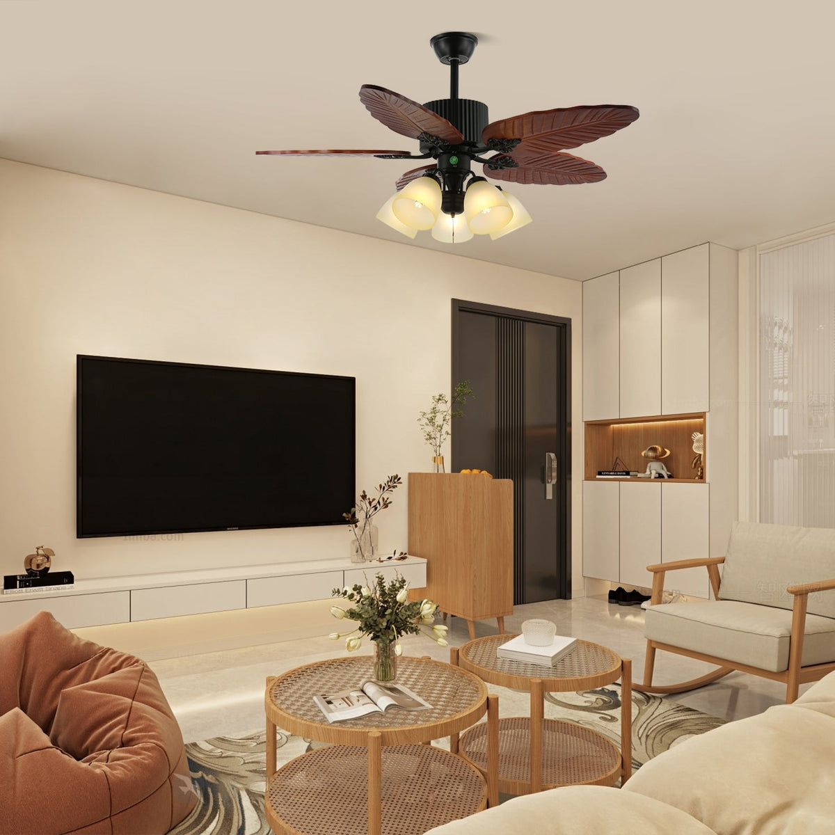 Syleelle Tropical Wood Glass Ceiling Fan Light