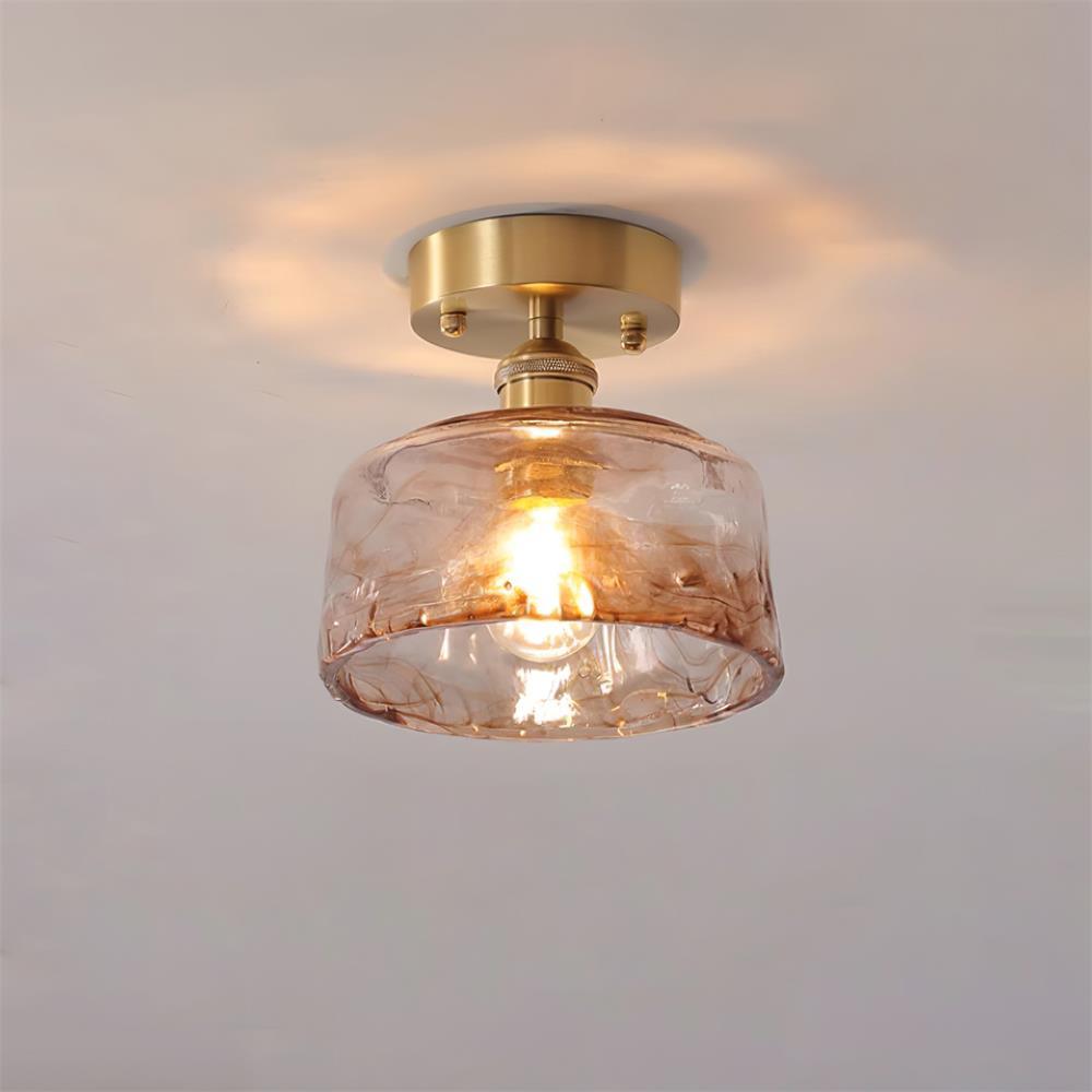 Ceiling Light Amber Swirl Glass Shade Brass Vintage Industrial - Neutral Decor