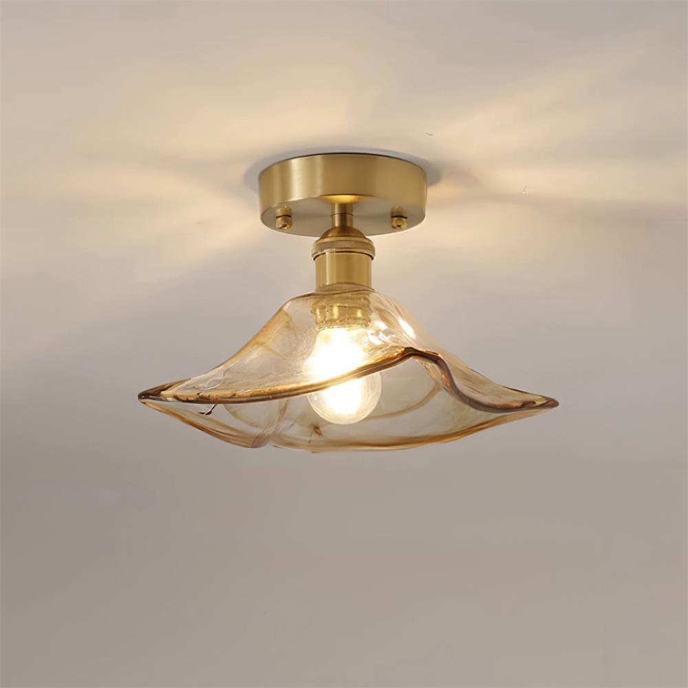 Ceiling Light Amber Swirl Glass Shade Brass Vintage Industrial - Neutral Decor