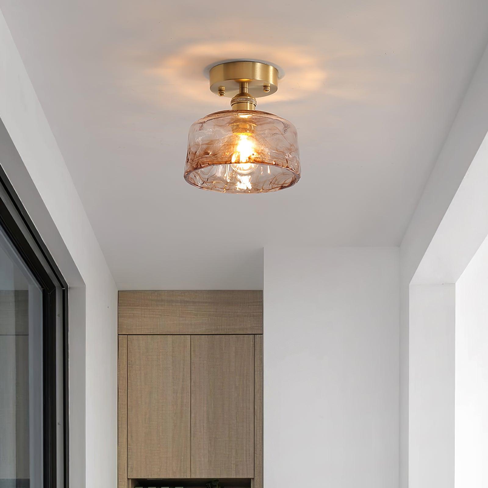 Ceiling Light Amber Swirl Glass Shade Brass Vintage Industrial - Neutral Decor