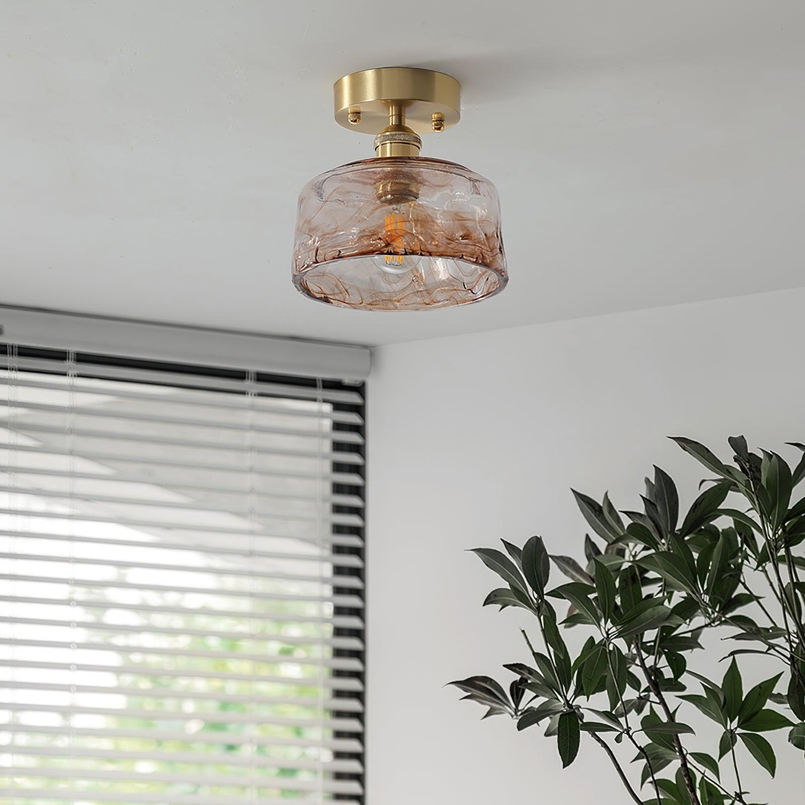 Ceiling Light Amber Swirl Glass Shade Brass Vintage Industrial - Neutral Decor