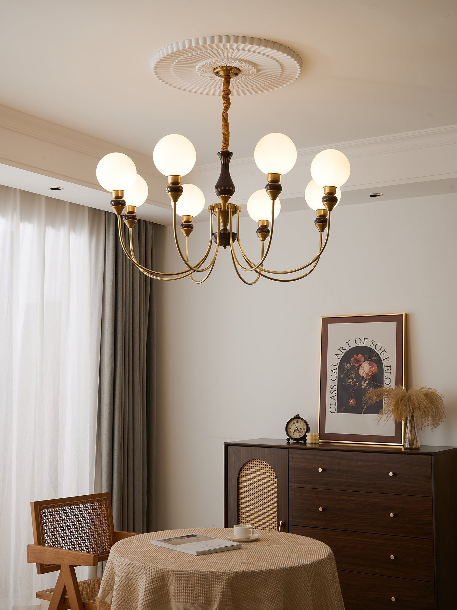 Eiruella Chandelier Brass Arms Frosted Glass Globes