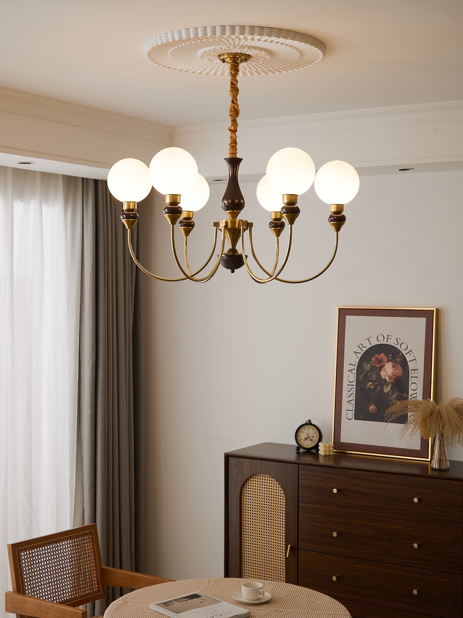 Eiruella Chandelier Brass Arms Frosted Glass Globes