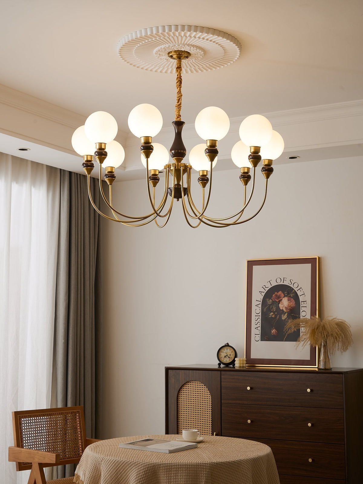 Eiruella Chandelier Brass Arms Frosted Glass Globes
