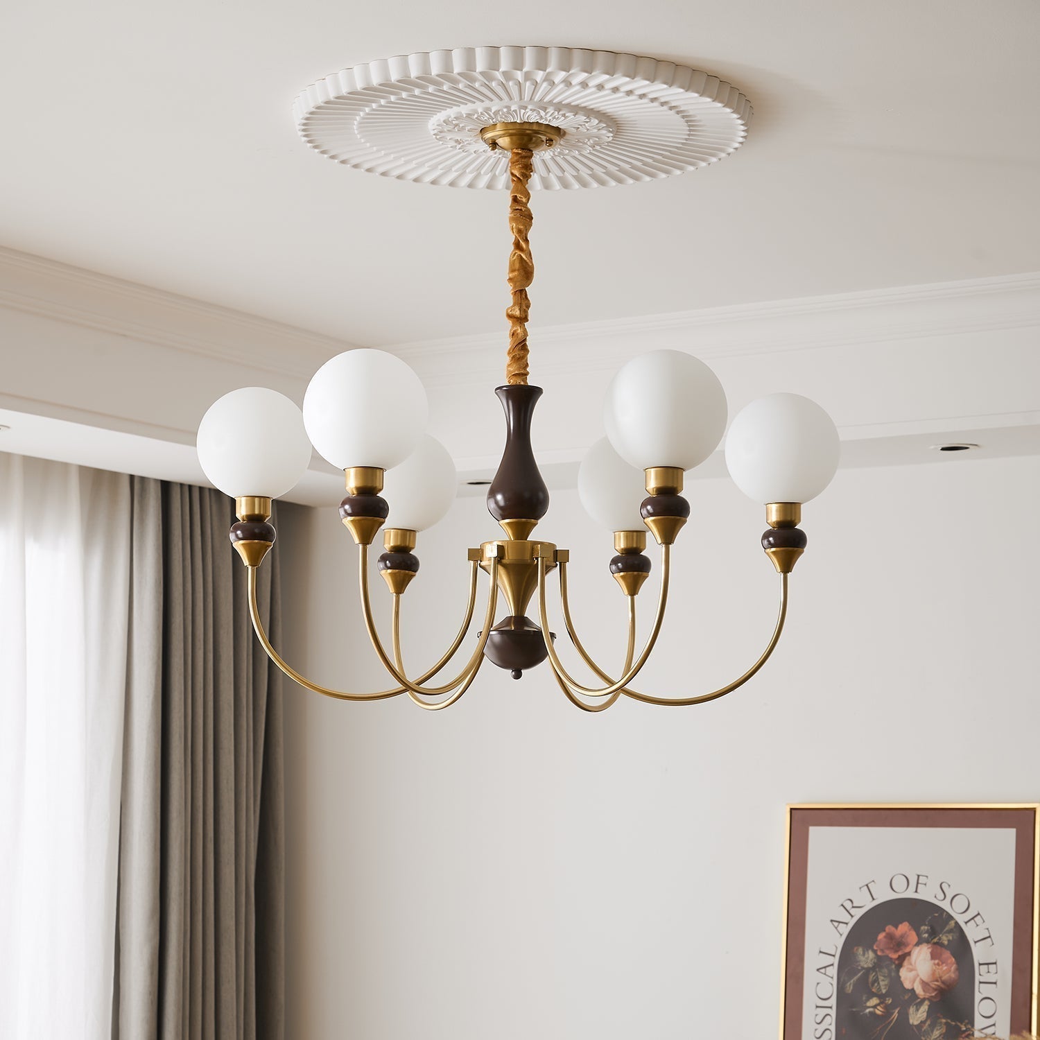 Eiruella Chandelier Brass Arms Frosted Glass Globes