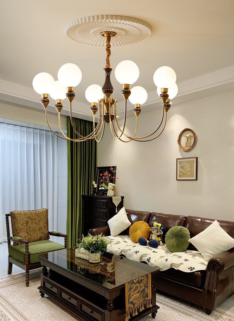 Eiruella Chandelier Brass Arms Frosted Glass Globes