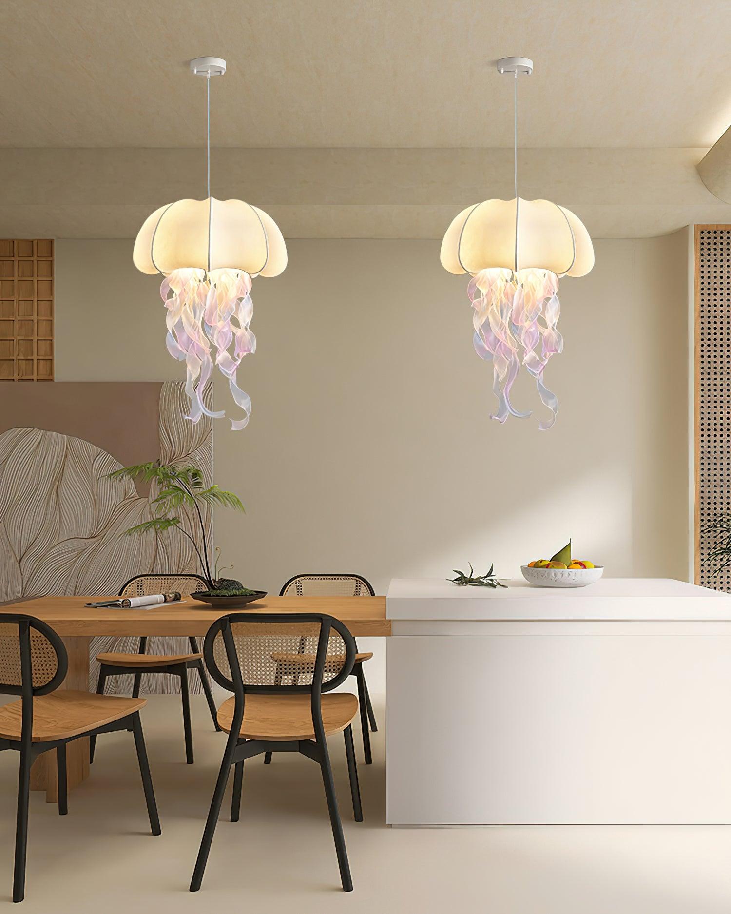 Jellyfish Pendant Light with Iridescent Ribbons - Neutral Decor
