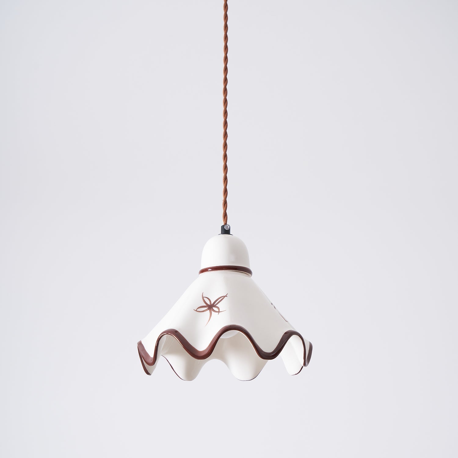 Pendant Lamp Ceramic Wavy Shade Rustic Brown Trim Retro Farmhouse - Neutral Decor