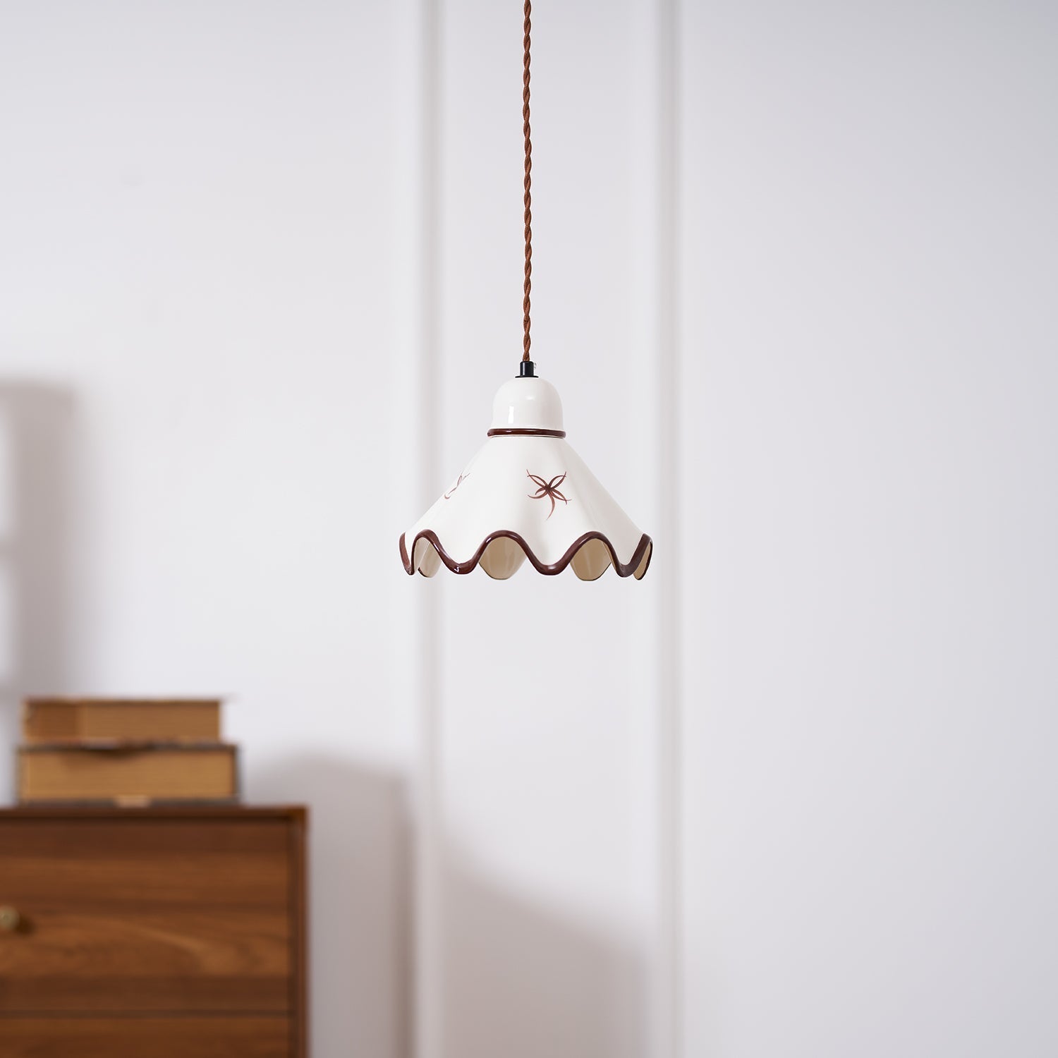 Pendant Lamp Ceramic Wavy Shade Rustic Brown Trim Retro Farmhouse - Neutral Decor