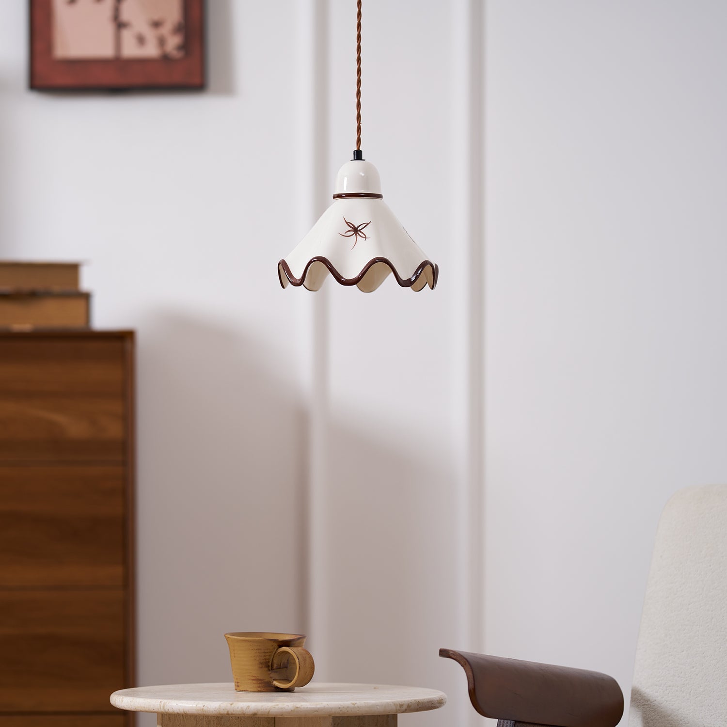 Pendant Lamp Ceramic Wavy Shade Rustic Brown Trim Retro Farmhouse - Neutral Decor