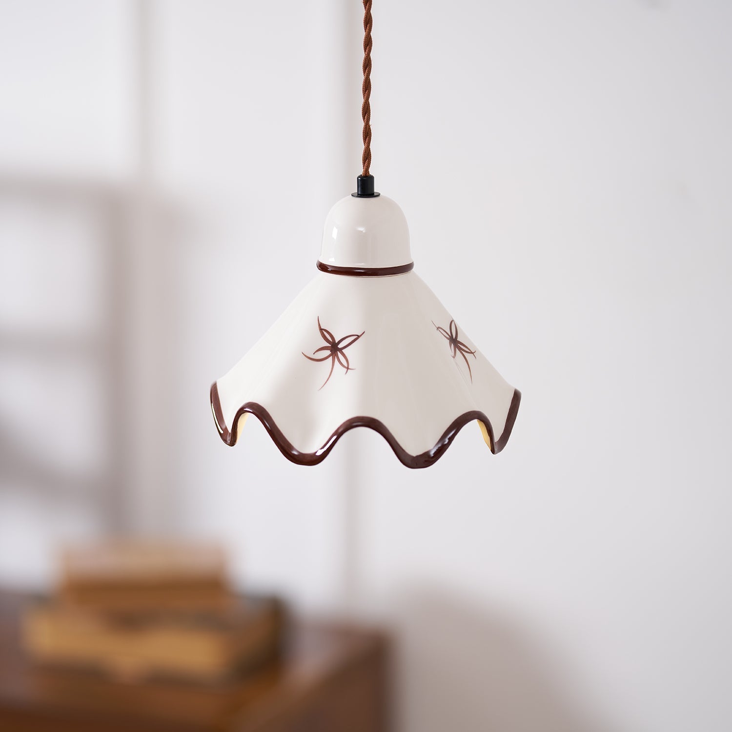 Pendant Lamp Ceramic Wavy Shade Rustic Brown Trim Retro Farmhouse - Neutral Decor