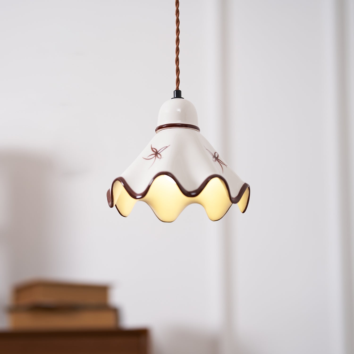 Pendant Lamp Ceramic Wavy Shade Rustic Brown Trim Retro Farmhouse - Neutral Decor