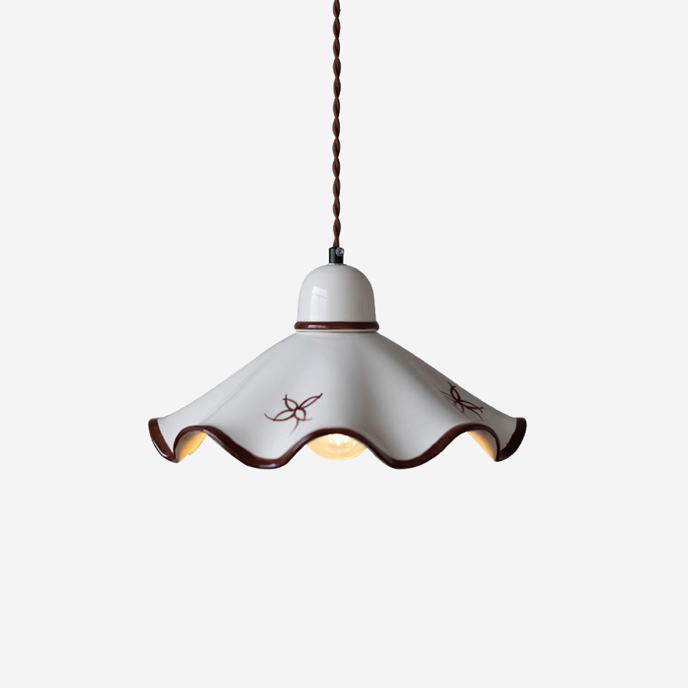 Pendant Lamp Ceramic Wavy Shade Rustic Brown Trim Retro Farmhouse - Neutral Decor