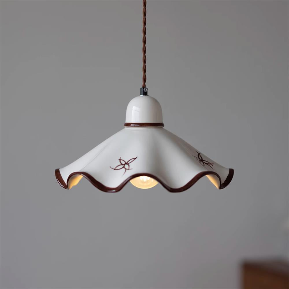 Pendant Lamp Ceramic Wavy Shade Rustic Brown Trim Retro Farmhouse - Neutral Decor