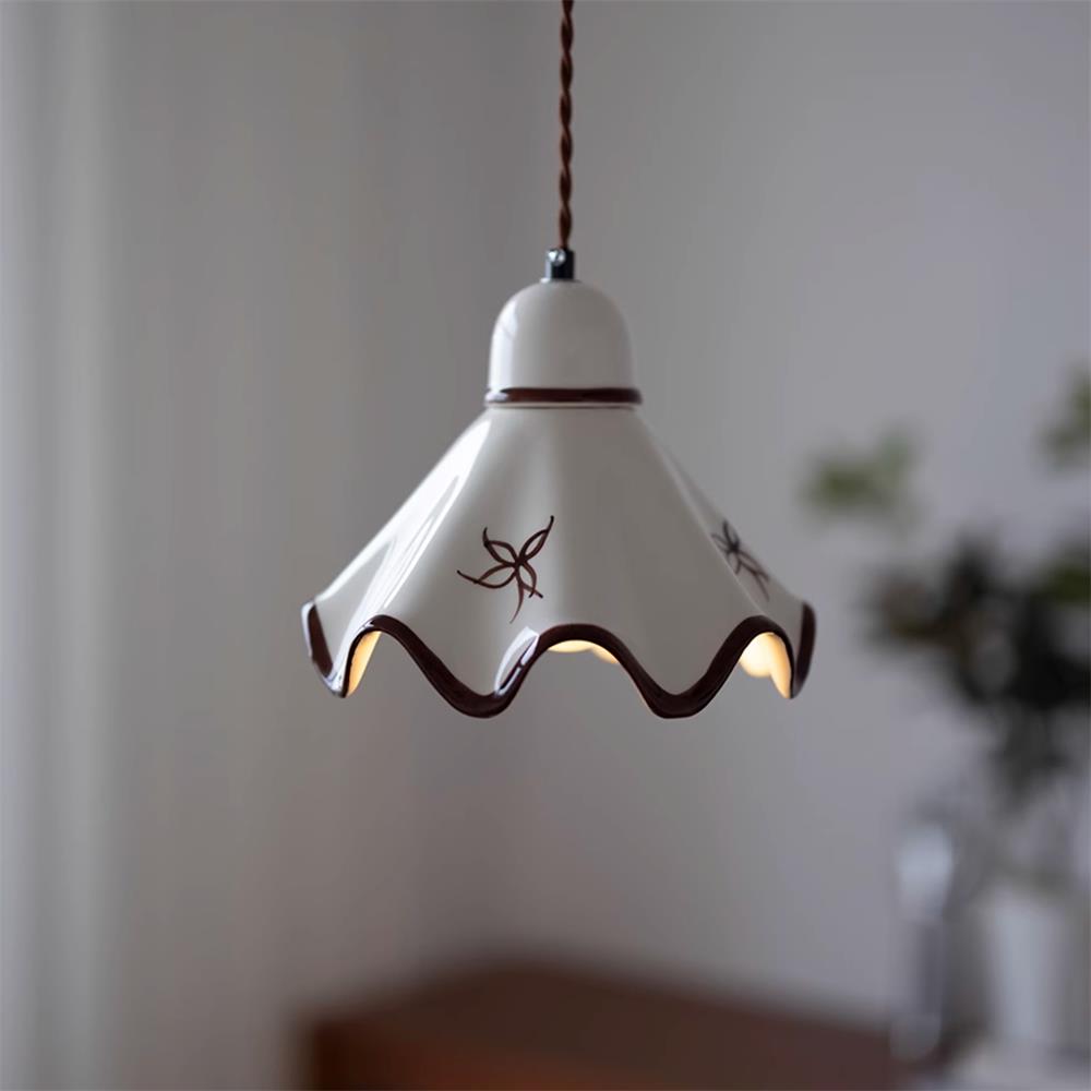 Pendant Lamp Ceramic Wavy Shade Rustic Brown Trim Retro Farmhouse - Neutral Decor