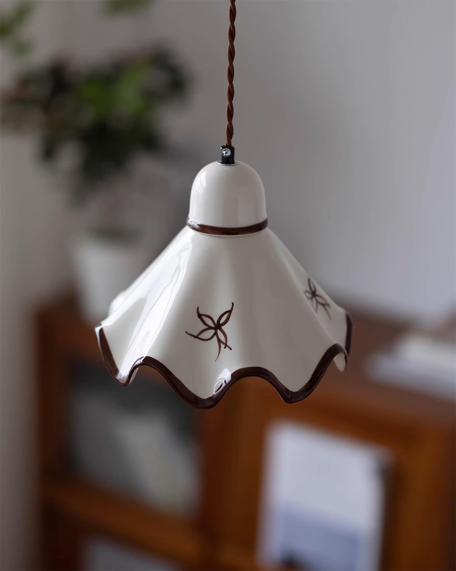 Pendant Lamp Ceramic Wavy Shade Rustic Brown Trim Retro Farmhouse - Neutral Decor