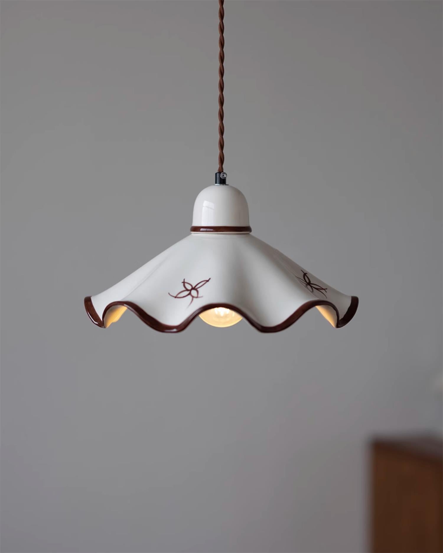 Pendant Lamp Ceramic Wavy Shade Rustic Brown Trim Retro Farmhouse - Neutral Decor