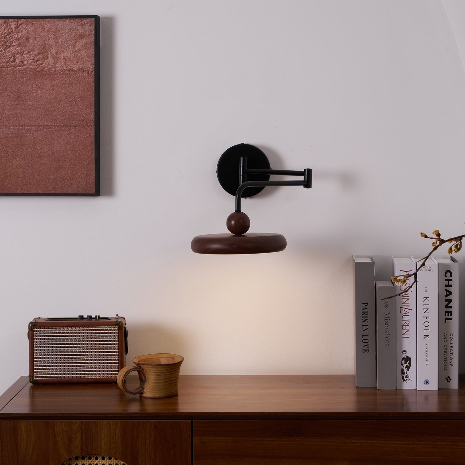 Kenshika Wooden Disc Black Wall Light