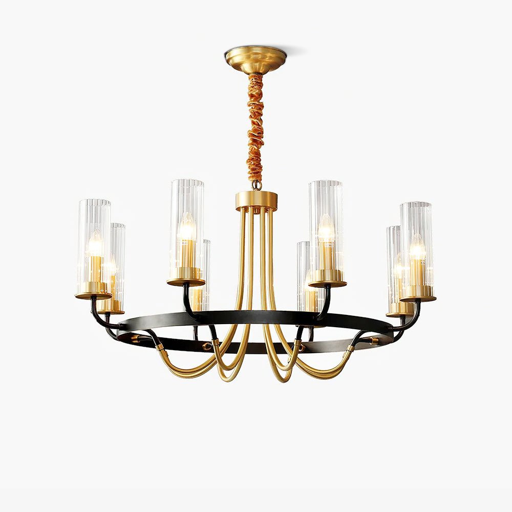 Chandelier Black Round Frame Brass Arms Ribbed Glass