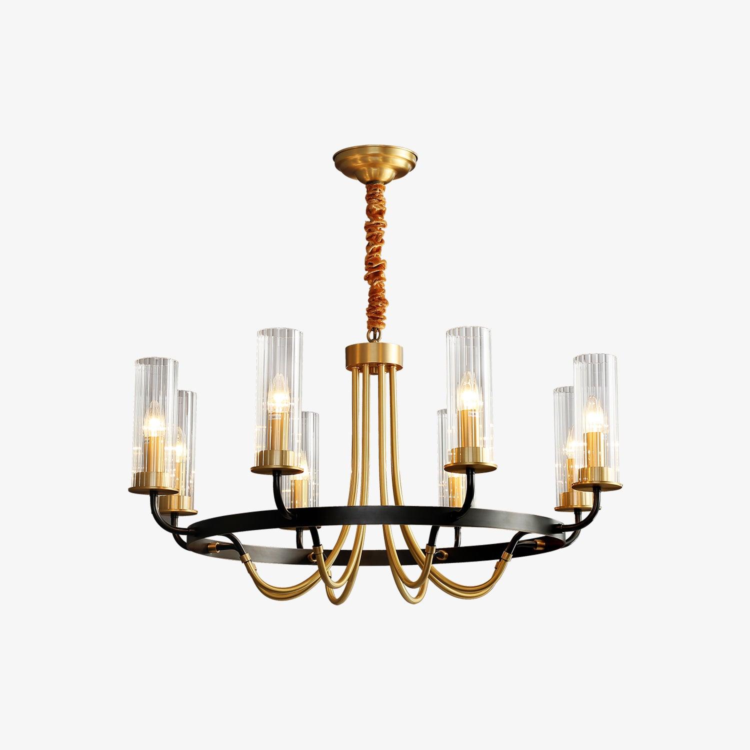 Chandelier Black Round Frame Brass Arms Ribbed Glass