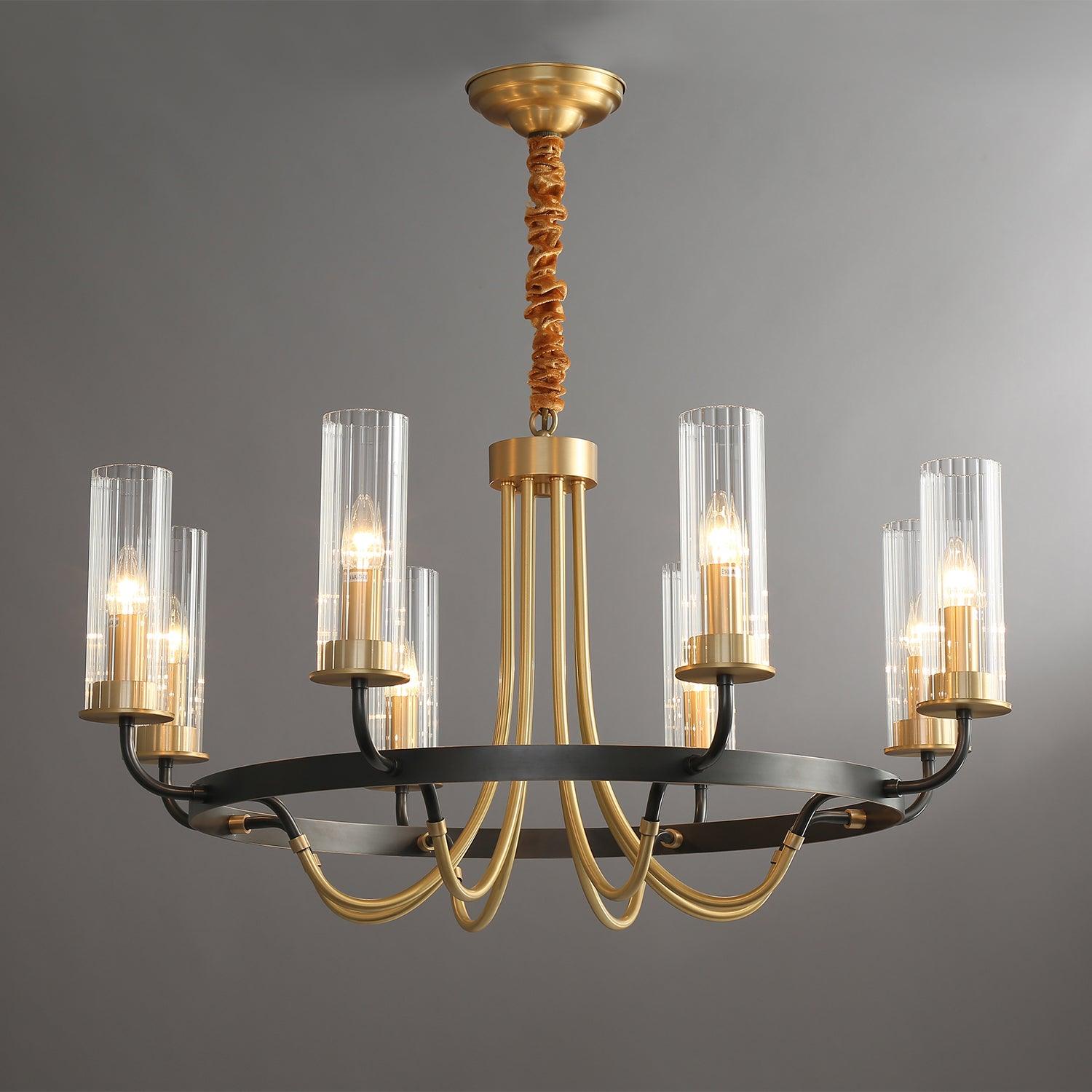 Chandelier Black Round Frame Brass Arms Ribbed Glass