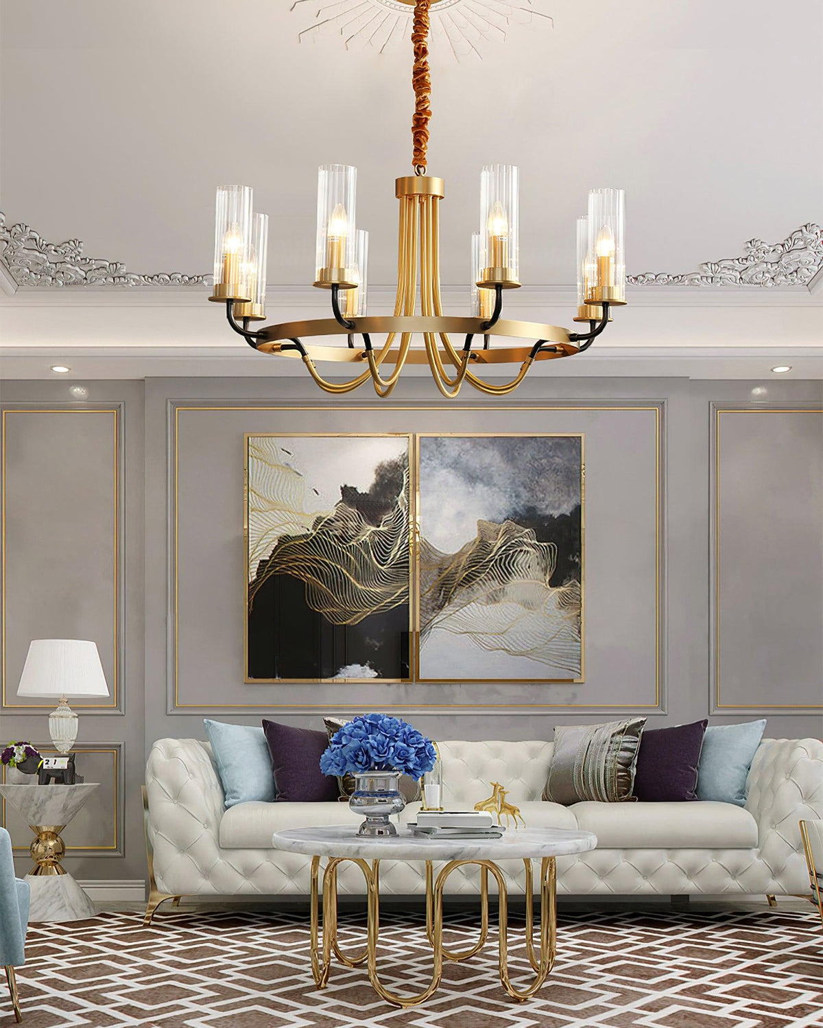 Chandelier Black Round Frame Brass Arms Ribbed Glass