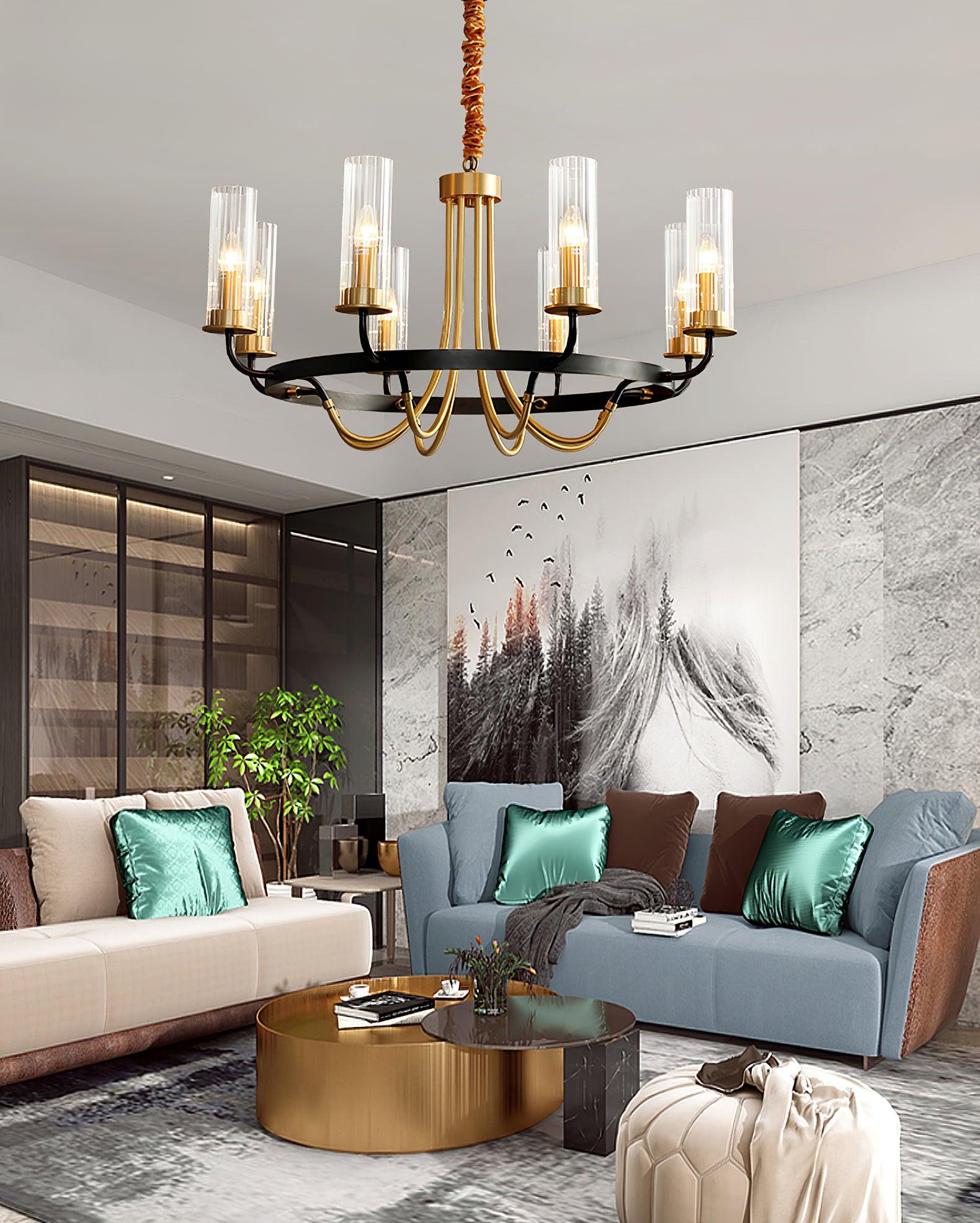 Chandelier Black Round Frame Brass Arms Ribbed Glass