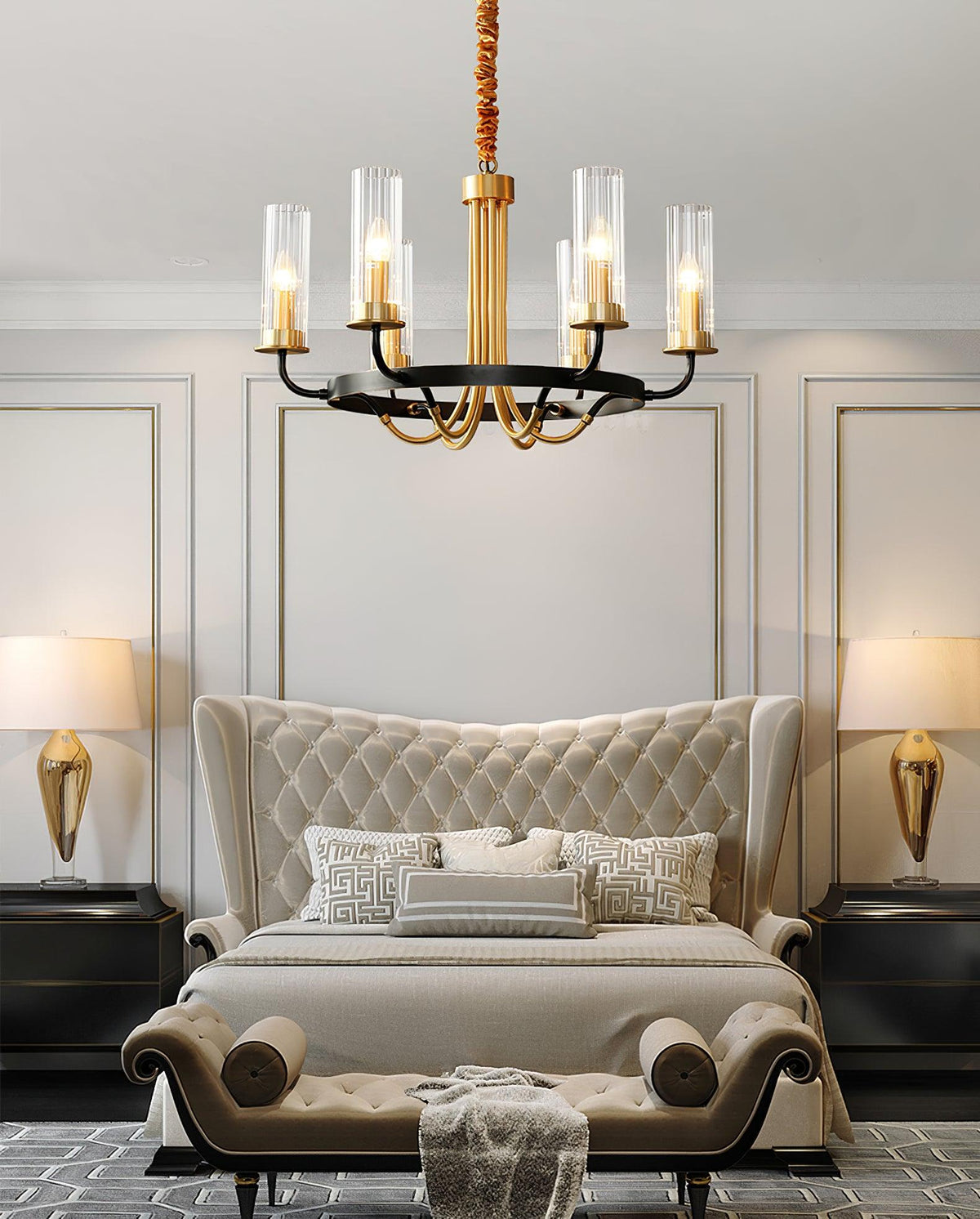 Chandelier Black Round Frame Brass Arms Ribbed Glass