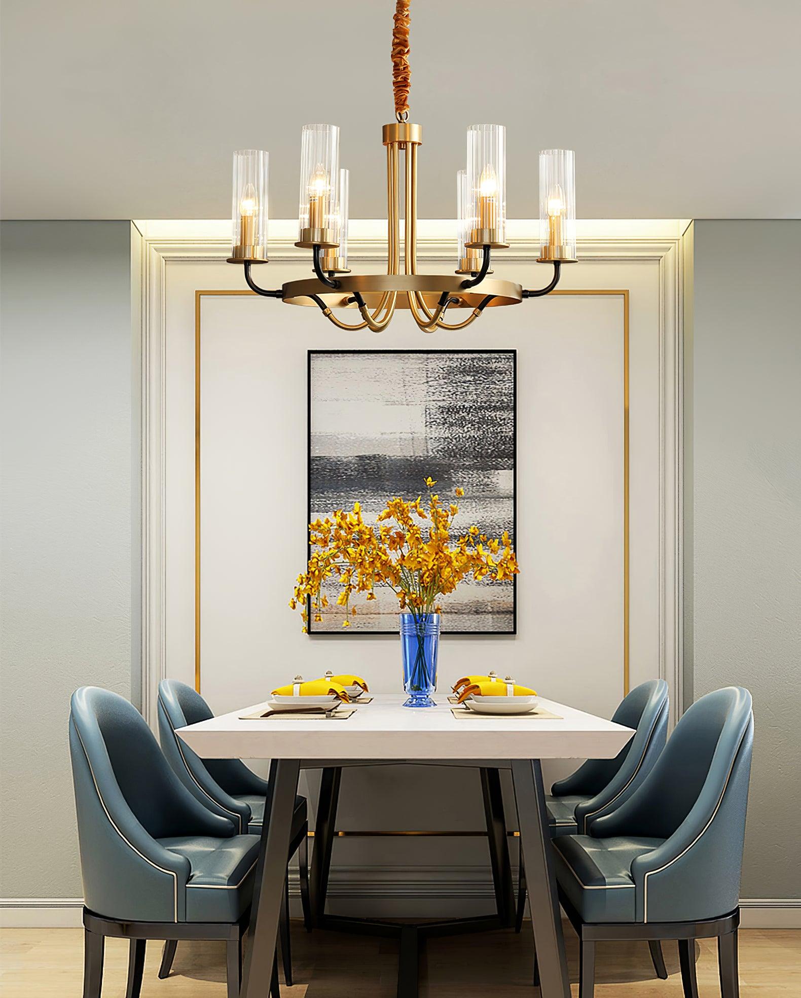 Chandelier Black Round Frame Brass Arms Ribbed Glass