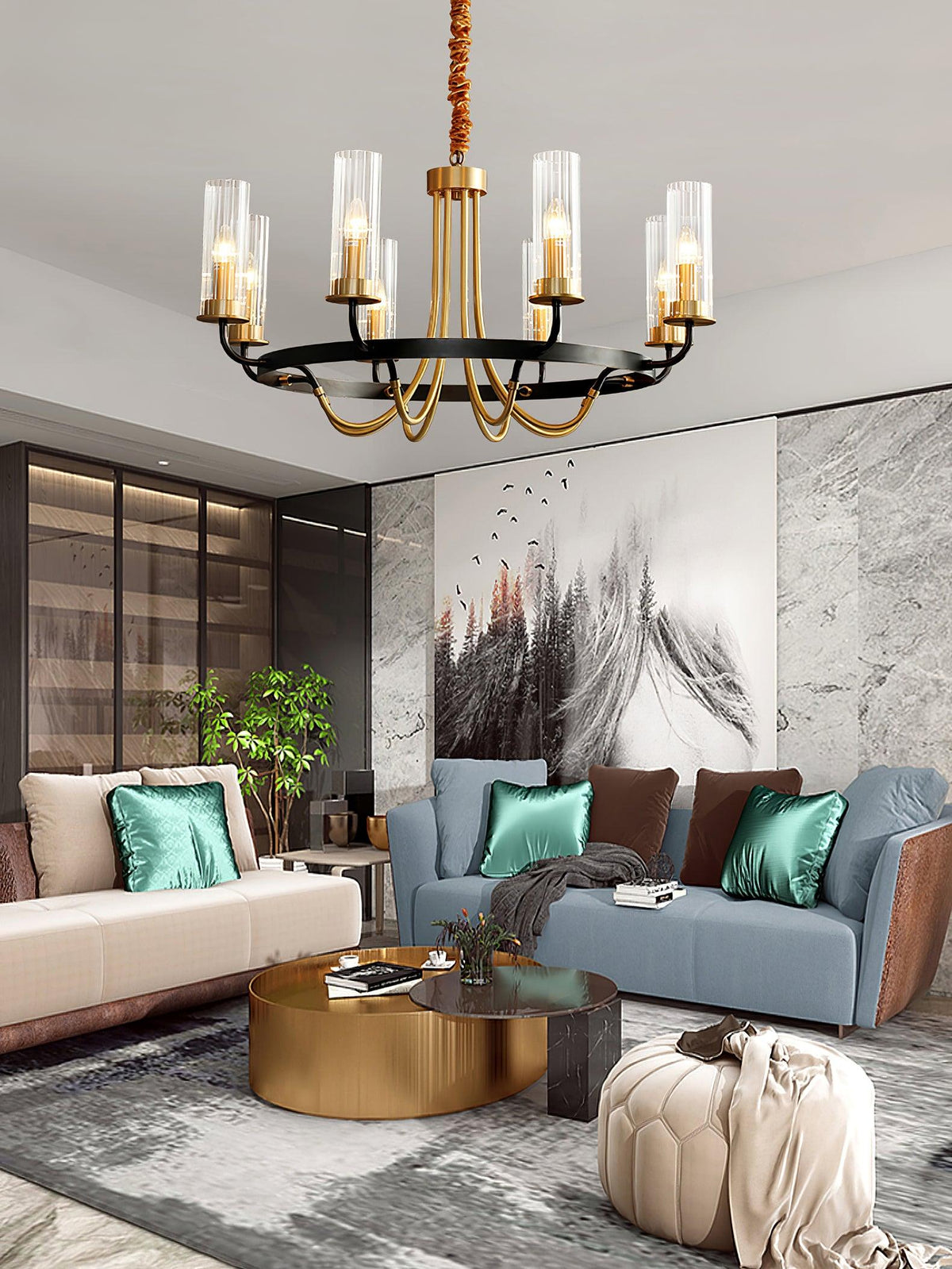 Chandelier Black Round Frame Brass Arms Ribbed Glass