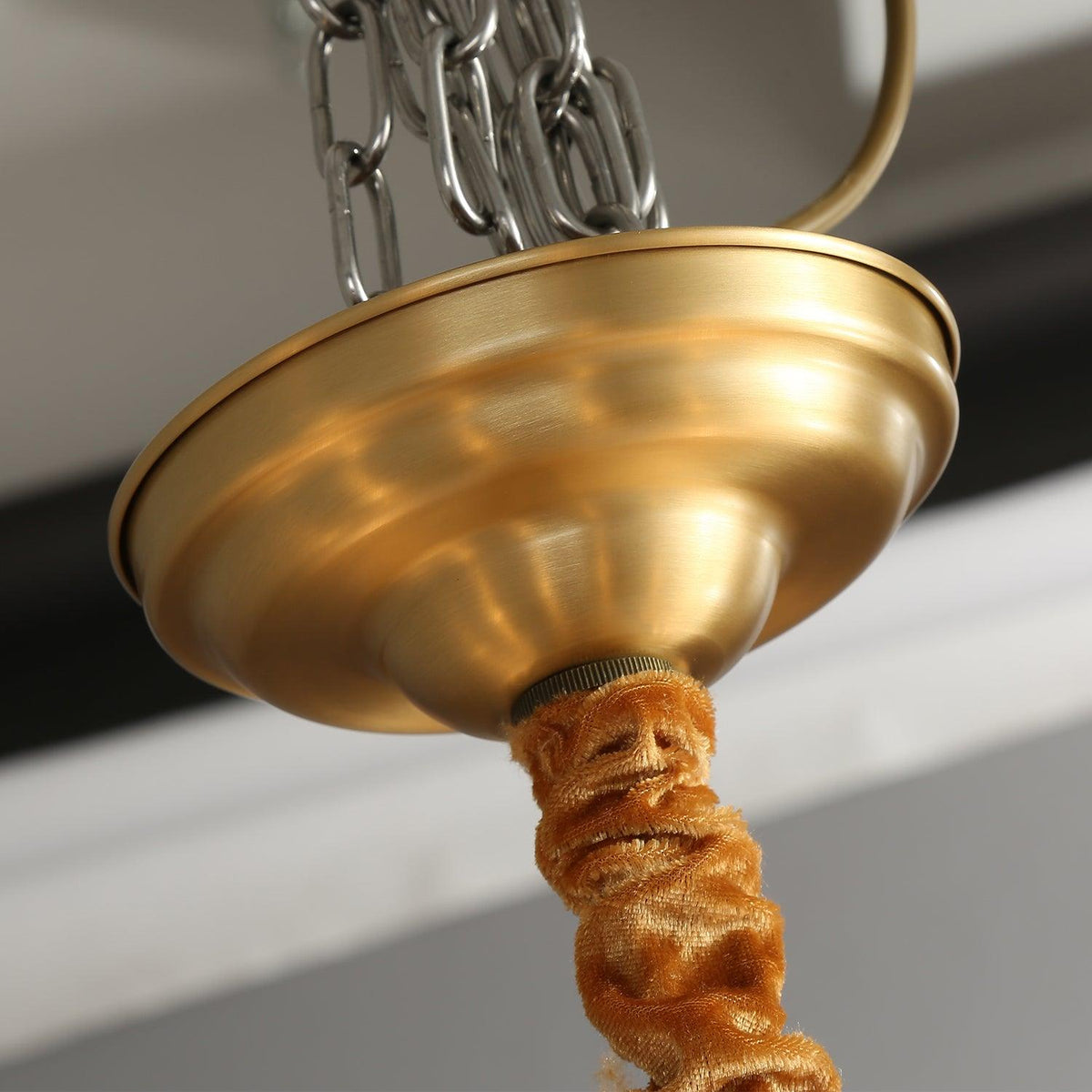 Chandelier Black Round Frame Brass Arms Ribbed Glass