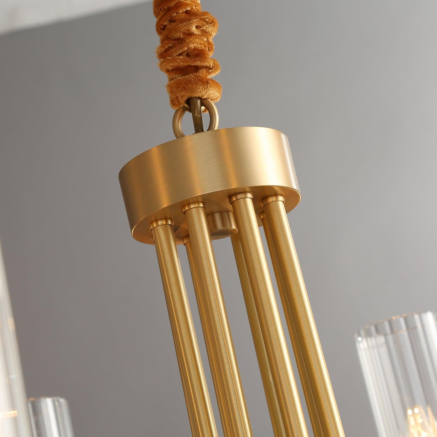 Chandelier Black Round Frame Brass Arms Ribbed Glass