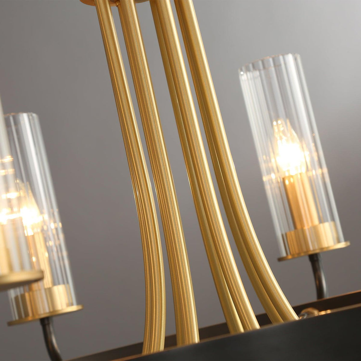 Chandelier Black Round Frame Brass Arms Ribbed Glass