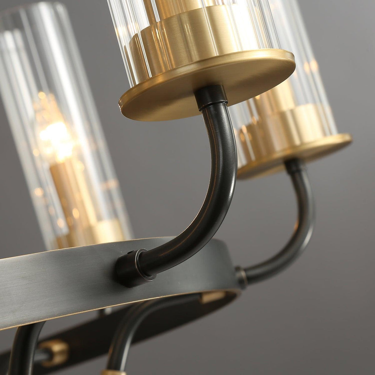 Chandelier Black Round Frame Brass Arms Ribbed Glass