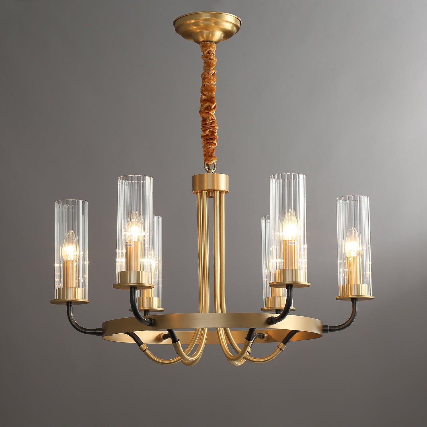 Chandelier Black Round Frame Brass Arms Ribbed Glass