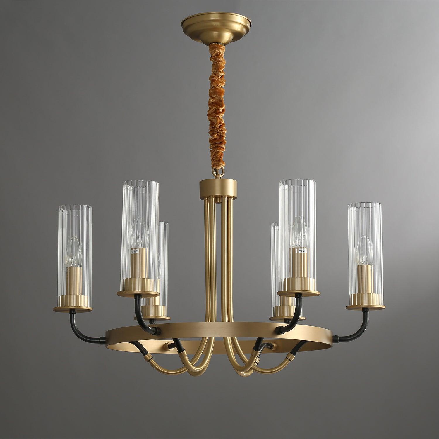 Chandelier Black Round Frame Brass Arms Ribbed Glass