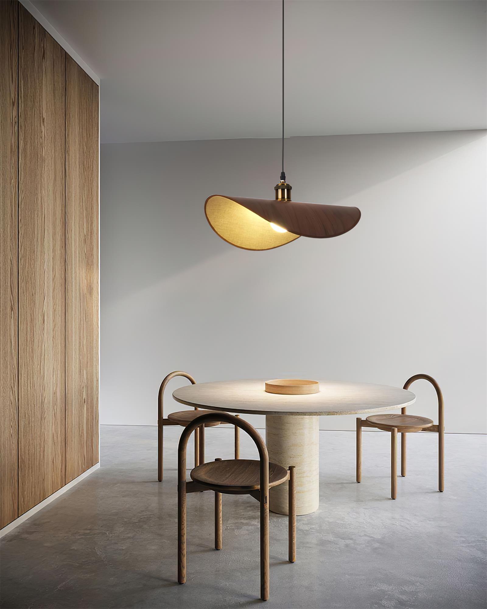 Pendant Lamp Linen Fabric Shade Wood Organic Sculptural - Neutral Decor