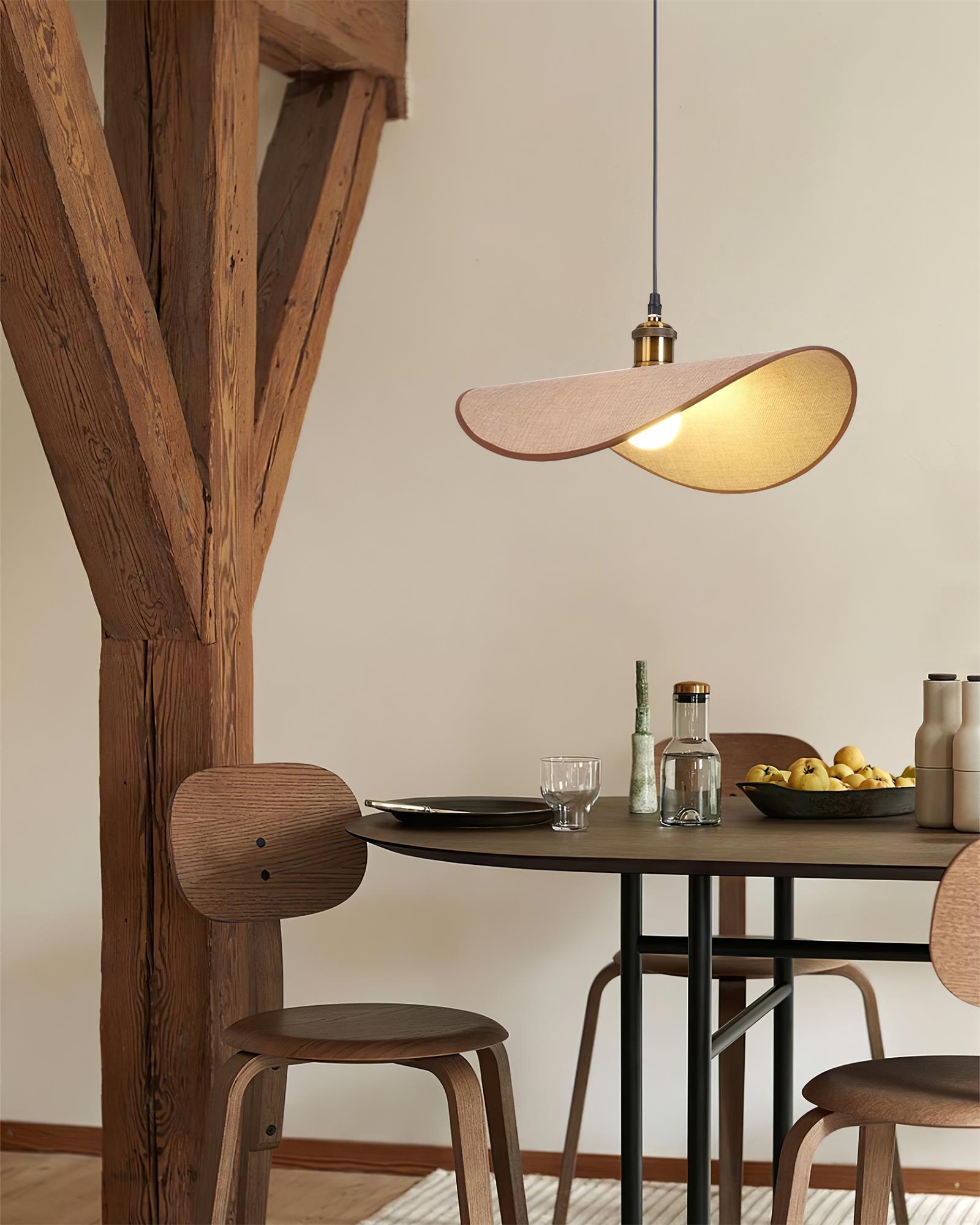 Pendant Lamp Linen Fabric Shade Wood Organic Sculptural - Neutral Decor