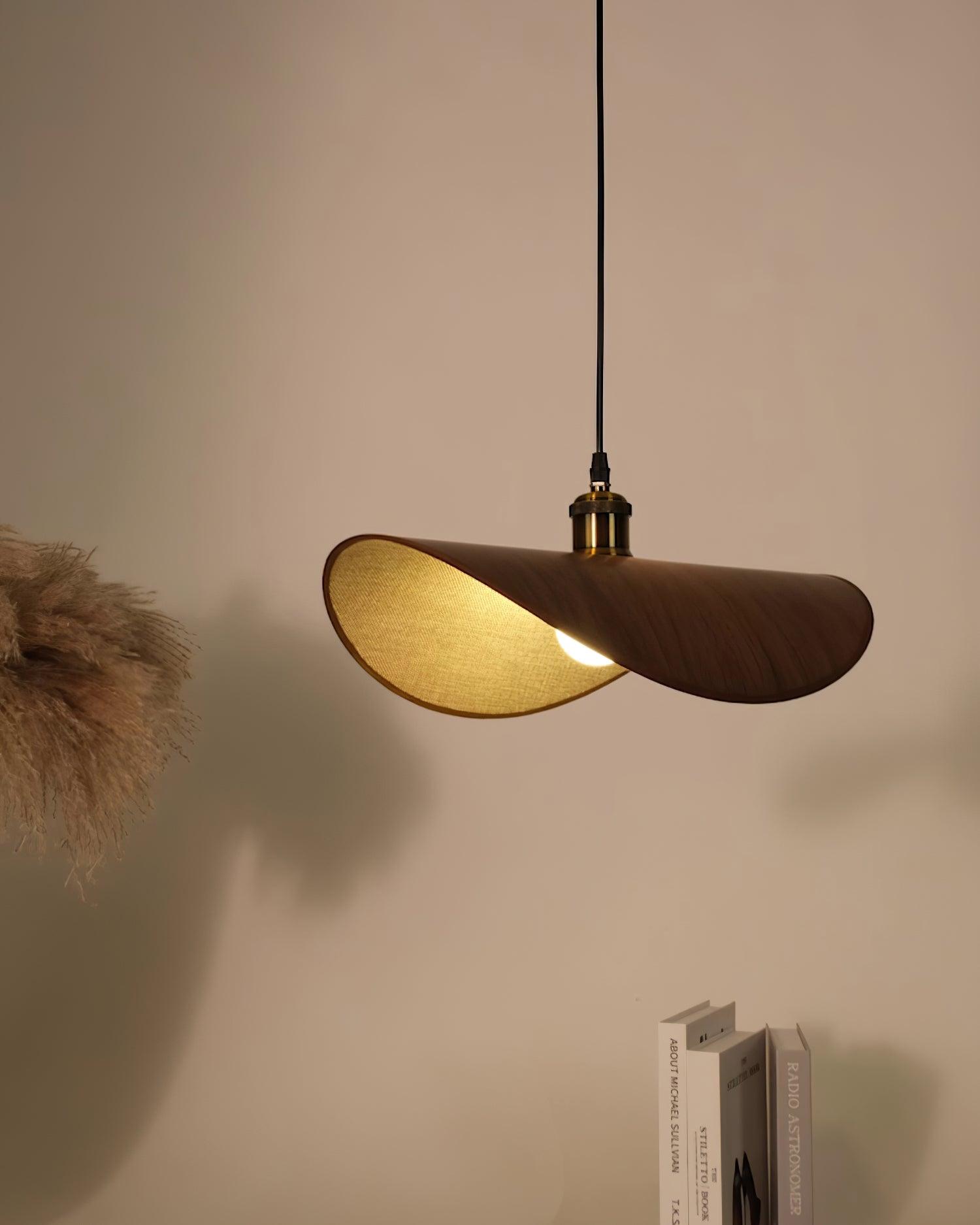 Pendant Lamp Linen Fabric Shade Wood Organic Sculptural - Neutral Decor