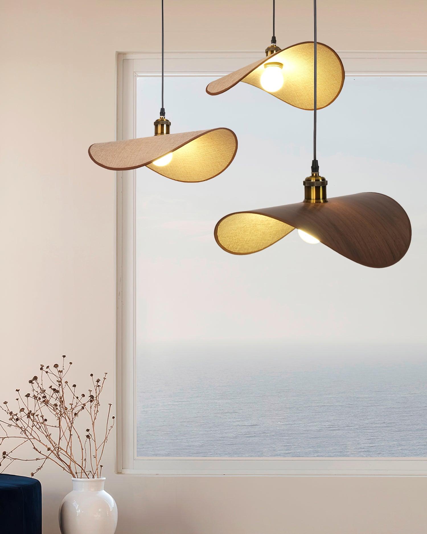 Pendant Lamp Linen Fabric Shade Wood Organic Sculptural - Neutral Decor